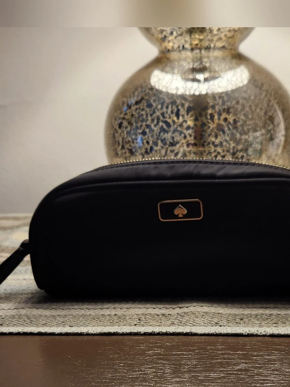 kate spade black nylon zip cosmetic pouch with gold spade plaque